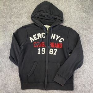 Aeropostale NYC Sweater Mens Large Black Hoodie Sweatshirt Full Zip Pockets
